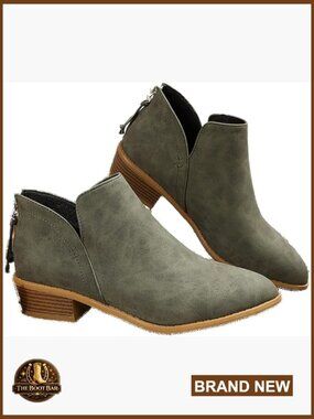 Women's Low Heeled Ankle Booties with Side V Cut, Chunky Block Heel, Zipper